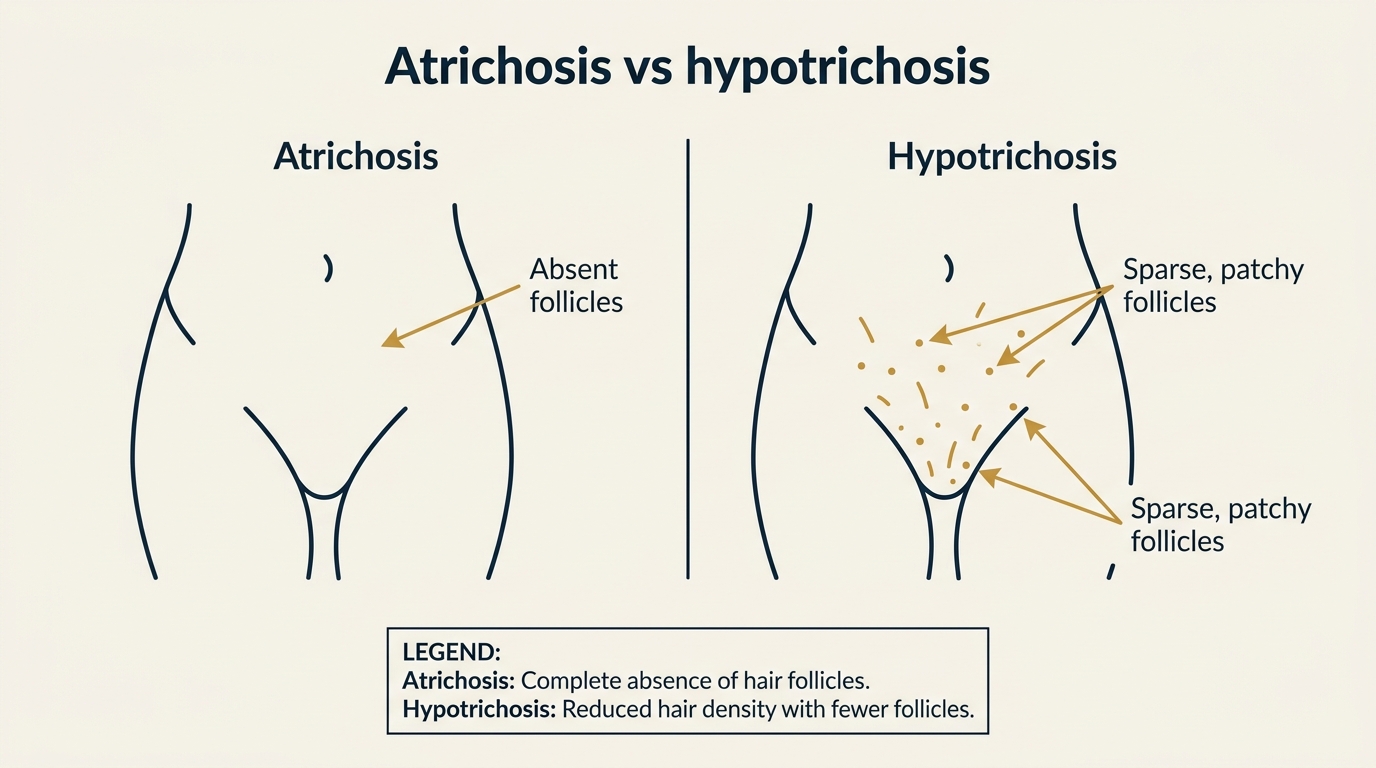 Schematic comparison of pubic atrichosis versus hypotrichosis on the mons pubis