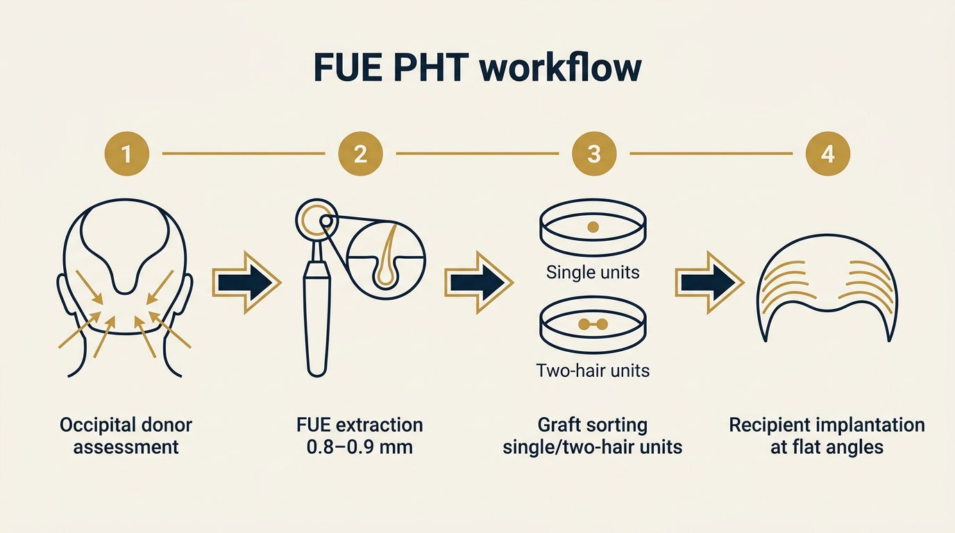 FUE harvest from occipital scalp to mons pubis recipient sites flowchart