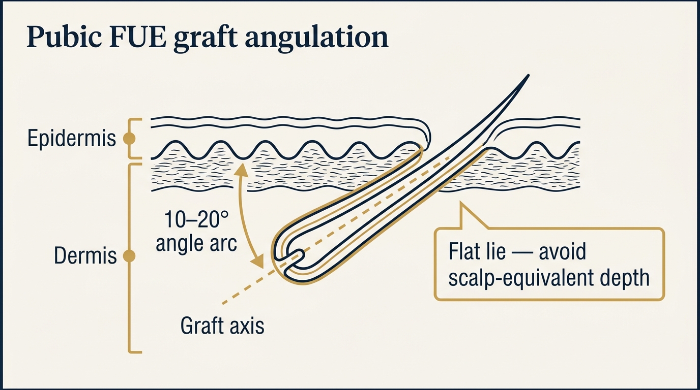 Cross-section showing 10 to 20 degree graft angulation for pubic FUE implantation