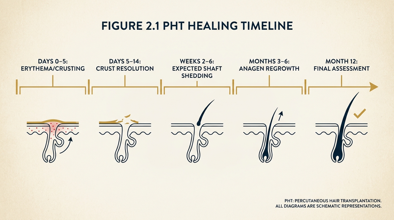 Pubic hair transplant healing timeline from day 0 to month 12