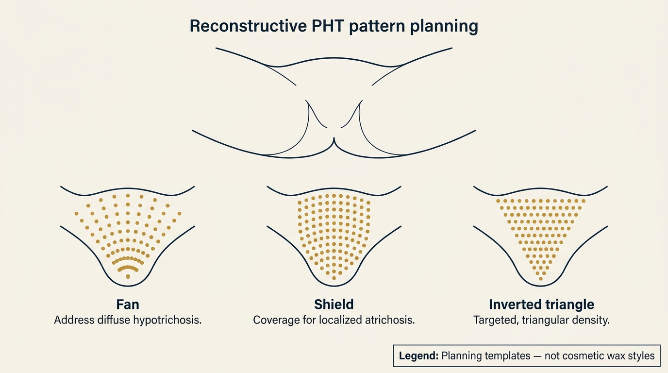 Clinical diagram of reconstructive pubic hair transplant distribution patterns for atrichosis planning